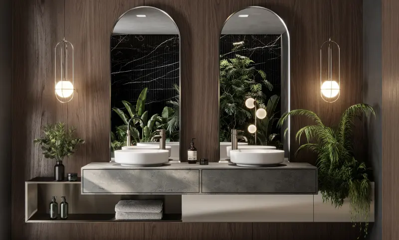 Bathroom with arched mirrors and dark wood vanity wall