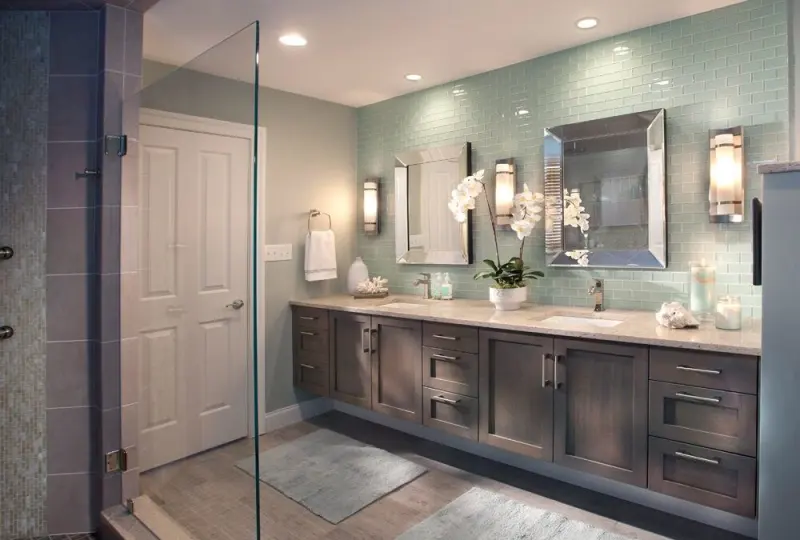 Bathroom with double vanity and glass shower
